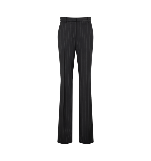 Image 1 of 3 - BLACK - Tom Ford Women's Chalk Stripe Wool Tailored Straight Pants are crafted from a wool blend with a chalk stripe pattern and feature a straight-leg silhouette, side slanted pockets, double back welt pockets with self-covered buttons, and hand-stitched silk bar tacks. These designer wool trousers combine precise tailoring with timeless pinstripe styling for elevated professional and occasion wear. Main Material: Wool. Made in Italy.