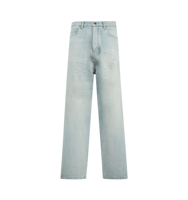 Image 1 of 3 - BLUE - BALENCIAGA Casual Jeans featuring Japanese cotton denim, mid-rise waist, covered button fly, 5 belt loops, 5 pockets, Balenciaga engraved flex buttons and grey Balenciaga logo leather jacron at back. 100% cotton. Made in Japan.