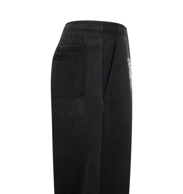 Image 3 of 3 - BLACK - VETEMENTS Cradle of Filth Cut Up Baggy Sweatpants featuring elasticized waistband, three-pocket styling, text printed at front and relaxed fit. 80% cotton, 20% polyester. Made in Portugal.