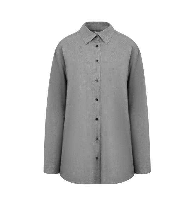 Image 1 of 2 - GREY - TOTEME Classic Fluid Shirt featuring a longline, oversized silhouette with dropped shoulders and a buttoned placket and cuffs. 90% viscose, 10% wool.