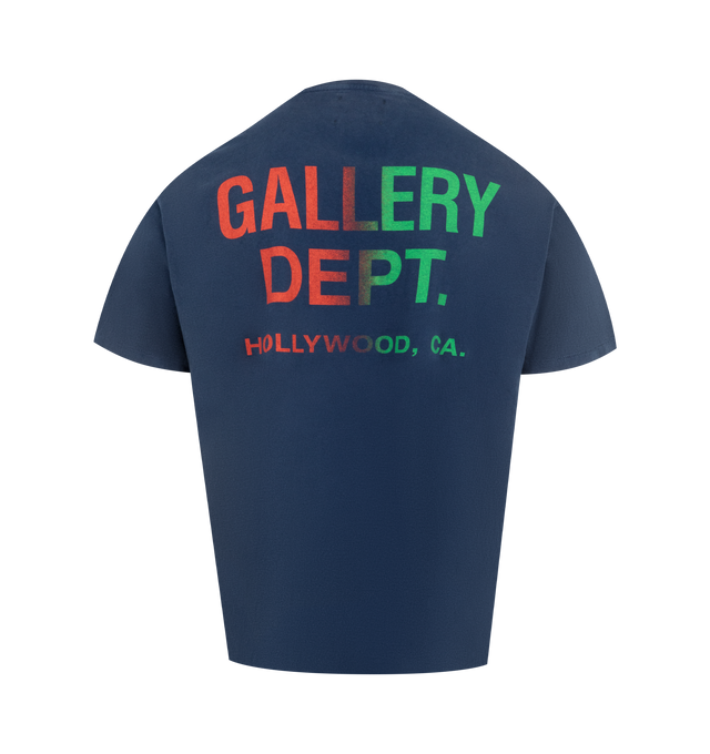 Image 2 of 2 - NAVY - GALLERY DEPT. Boardwalk Tee featuring relaxed fit, round neck, ribbed trim at neck, dropped shoulders, short sleeves, chest pocket with brand print at front, glitter-embellished logo print at back and jersey texture. 100% cotton. Made in USA.