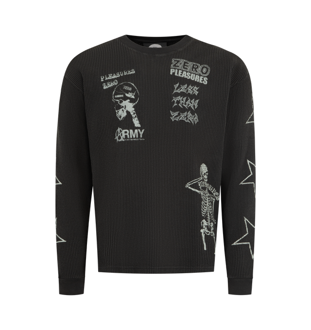 Image 1 of 3 - BLACK - PLEASURES Misled Thermal L/S Tee featuring waffle-knit fabric, printed graphics on front and back, long sleeves and printed stars on sleeves. 100% cotton.