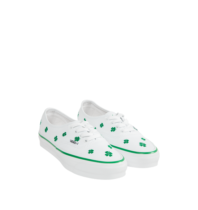 Image 2 of 5 - WHITE - VANS Authentic 44 Embroidery Sneakers featuring canvas upper, Four-Leaf Clover embroidery, woven flag label, high foxing tape and waffle outsole.