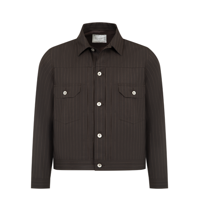 Image 1 of 3 - BROWN - SACAI Chalk Stripe Jacket featuring button front closure, collar, button flap front pockets, buttoned cuffs, adjustable waist tabs and stripes throughout.