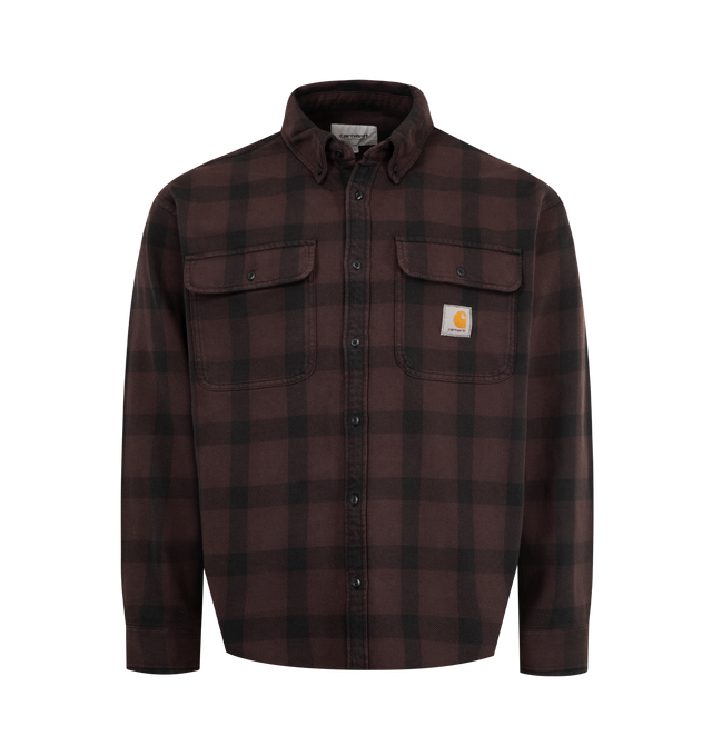 Image 1 of 2 - BROWN - CARHARTT WIP Edmands Shirt featuring a loose fit from midweight, overdyed cotton twill with an allover check pattern and two chest pockets, one of which features a woven Square Label. 100% cotton.
