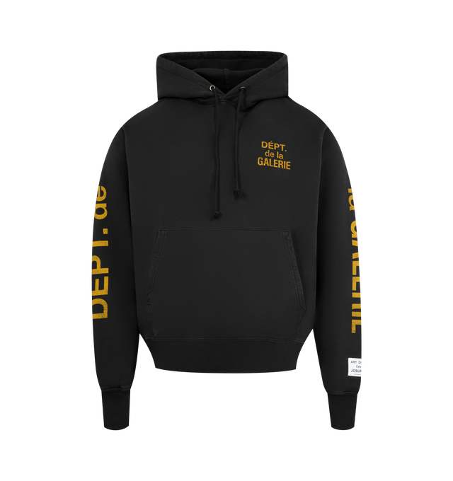 Image 1 of 4 - BLACK - GALLERY DEPT De La Galerie Sweatshirt featuring hooded neckline, logo print on front, back and sleeves, kangaroo pocket, long sleeves, ribbed cuffs and hem and pullover style. Cotton. Made in USA.