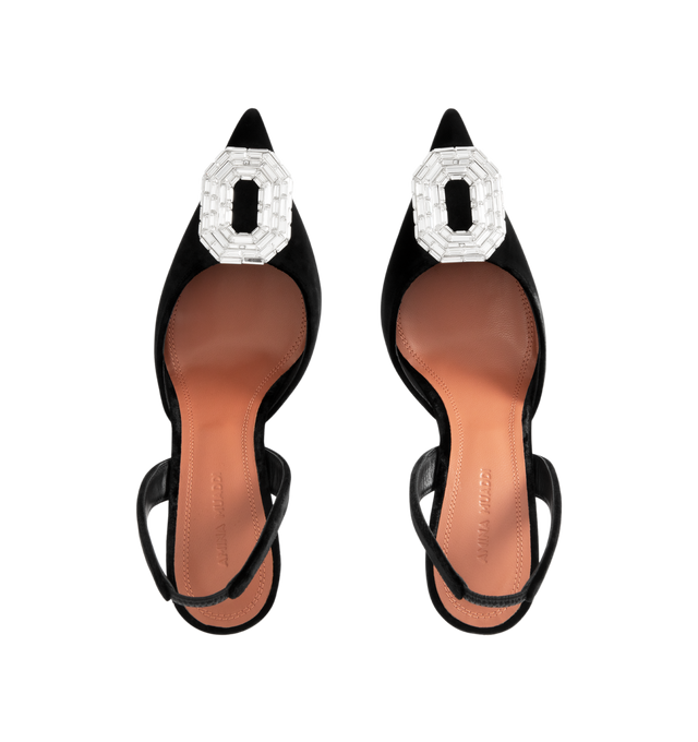 Image 4 of 4 - BLACK - AMINA MUADDI Camelia 90 Velvet Slingback Pumps featuring rectangular crystal embellishments on the vamps, pointed toe and 90mm heels. Upper: velvet. Lining: leather. Sole: leather insole, leather and rubber sole. Made in Italy