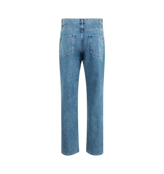 Image 2 of 3 - BLUE - THE ROW Ross Jean featuring mid-rise jean in gently faded cotton denim with straight leg, contrast topstitching, and classic 5-pocket construction. 100% cotton. Made in Japan.