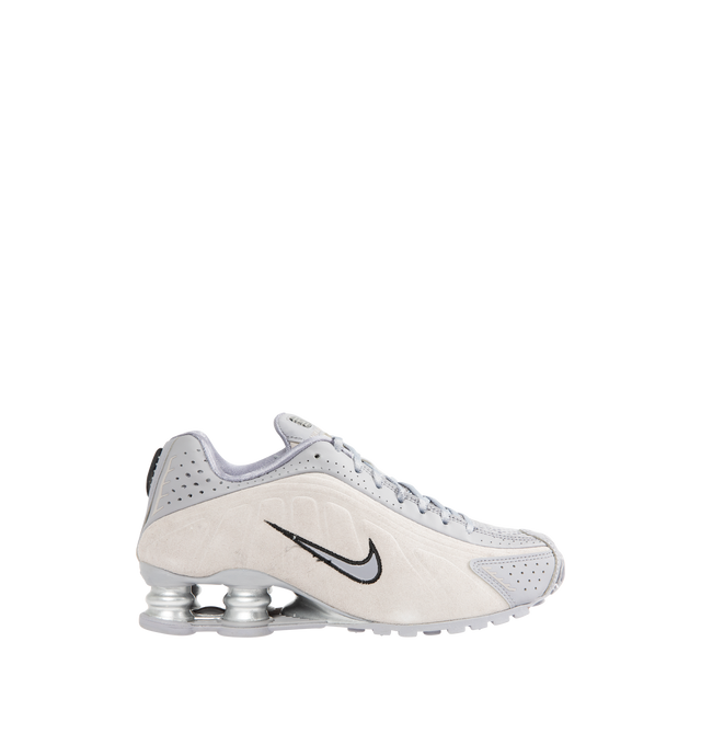 Image 1 of 5 - GREY - NIKE Shox R4 Sneaker featuring suede and leather upper, laser perforations, lace up closure, Nike Shox columns and circular Waffle outsole