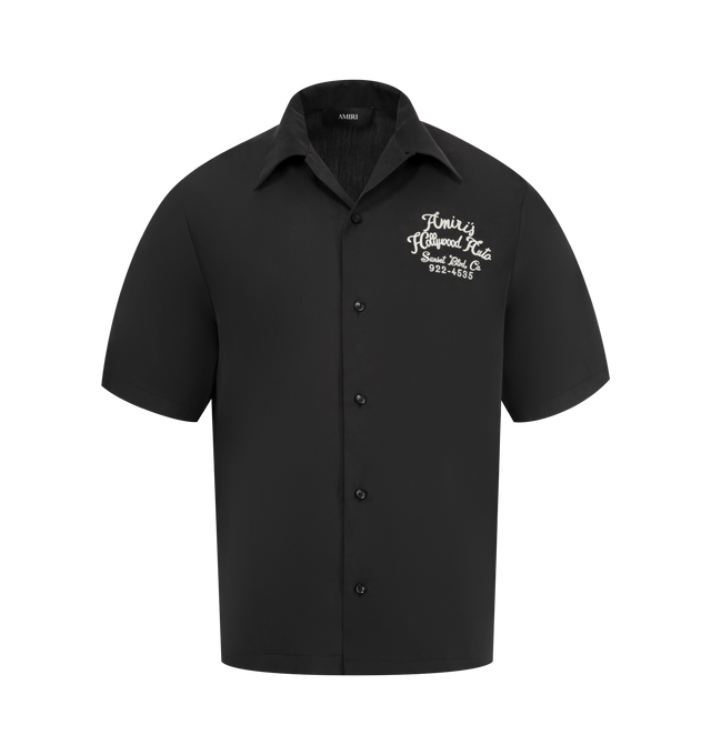 Image 1 of 2 - BLACK - AMIRI Hollywood Bowling Shirt featuring chain stitch embroidery, open spread collar, button closure and logo at front and back. 60% modal, 40% polyester. Made in Italy.