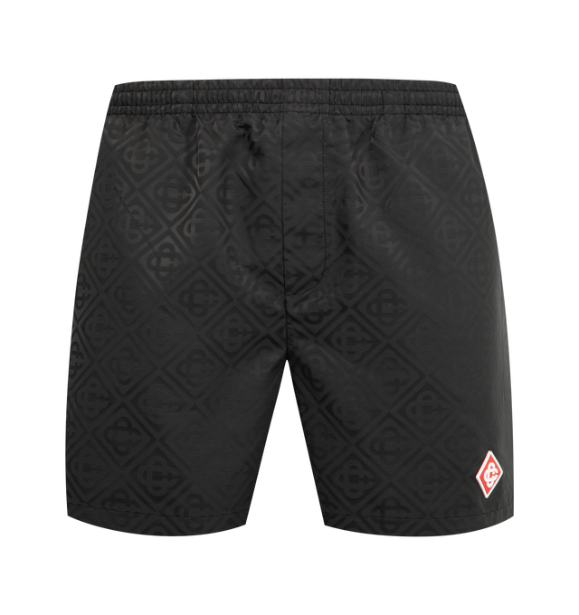Image 1 of 3 - BLACK - CASABLANCA Jacquard Swim Shorts featuring an all-over print, signature monogram fabric, elasticated waistband with an internal drawstring fastening, in-seam pockets, and a lining. Technical swim jacquard fabric. 100% polyester. Lining: 80% polyamide 20% elastane. Made in Portugal.