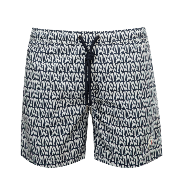 Image 1 of 3 - BLACK - MONCLER Monogram Print Swim Trunks featuring waistband with drawstring fastening, side slant pockets, back patch pocket and logo patch. 