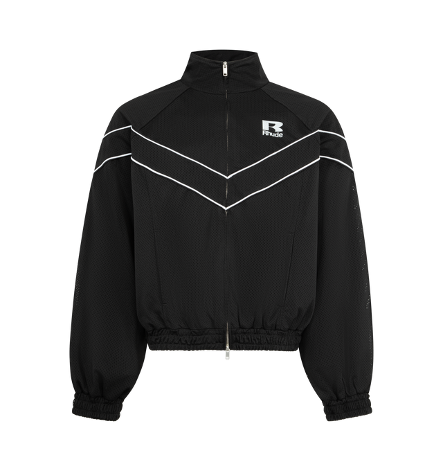 Image 1 of 3 - BLACK - RHUDE Mesh Poping Raglan Track Jacket featuring a cotton and polyester-blend taffeta, stand collar, versatile two-way zip closure, RHUDE logo is displayed on the chest, contrasting piping on front, sleeves, and back, welt pockets, elasticized hem and cuffs and fully lined. 100% polyester.