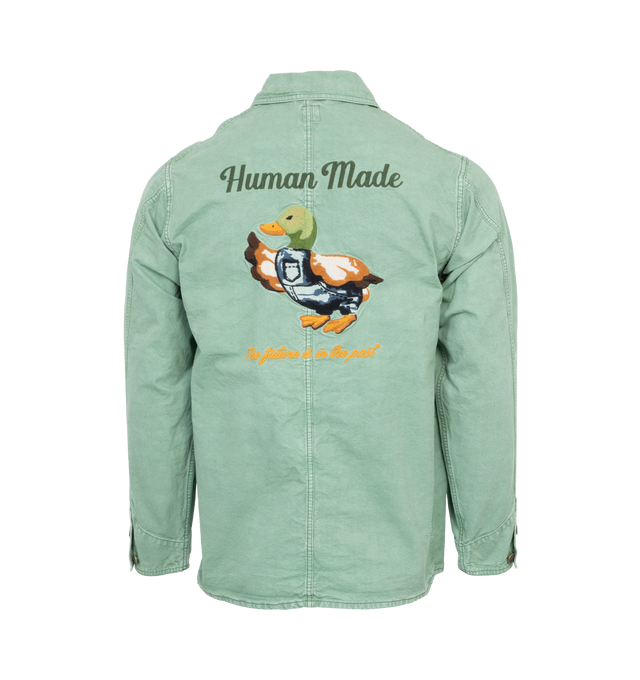 Image 2 of 4 - GREEN - HUMAN MADE Garment Dyed Coverall Jacket featuring a duck embroidery on the back and multi pocket action. 100% cotton. 