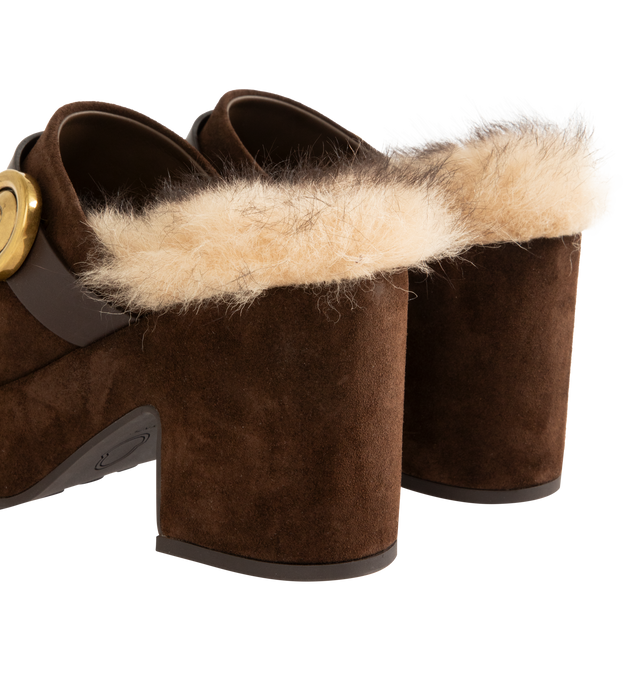 Image 3 of 4 - BROWN - MONCLER Amalia Mule featuring block heel clog, suede upper, leather strap with gold detail and fur insole.