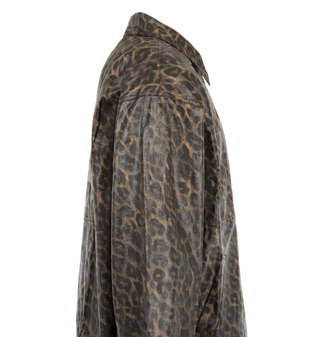 Image 3 of 3 - BROWN - Pleasures Men's Leopard Waxed Jacket is crafted from waxed cotton ripstop and features an allover printed leopard pattern. Designed in a blouson silhouette, the jacket is finished with a two-way zip closure and a graphic patch at the center-back lining. Main Material: 100% Waxed Cotton Ripstop.
