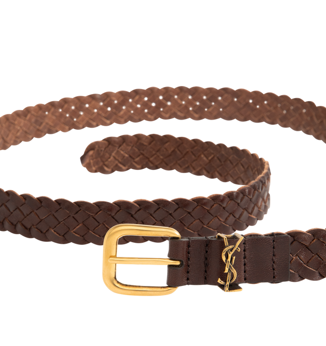 Image 2 of 2 - BROWN - SAINT LAURENT Woven Leather Belt featuring woven leather construction, slim silhouette, gold silver-toned buckle and a Cassandre loop. Leather. Lining: suede. Made in Italy.