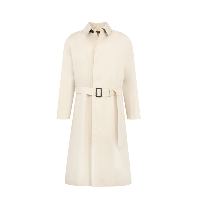 Image 1 of 3 - NEUTRAL - Tom Ford Men's Cotton and Silk Gabardine Trench Coat is crafted from a cotton and silk-blend gabardine and features a classic belted silhouette, black leather-trimmed throat latch, leather-covered belt buckle, and refined tailoring. This designer trench coat combines timeless outerwear styling with luxurious materials for elevated everyday and transitional wear. Main Material: Cotton and Silk-Blend Gabardine; Trim: Leather. Made in Italy.