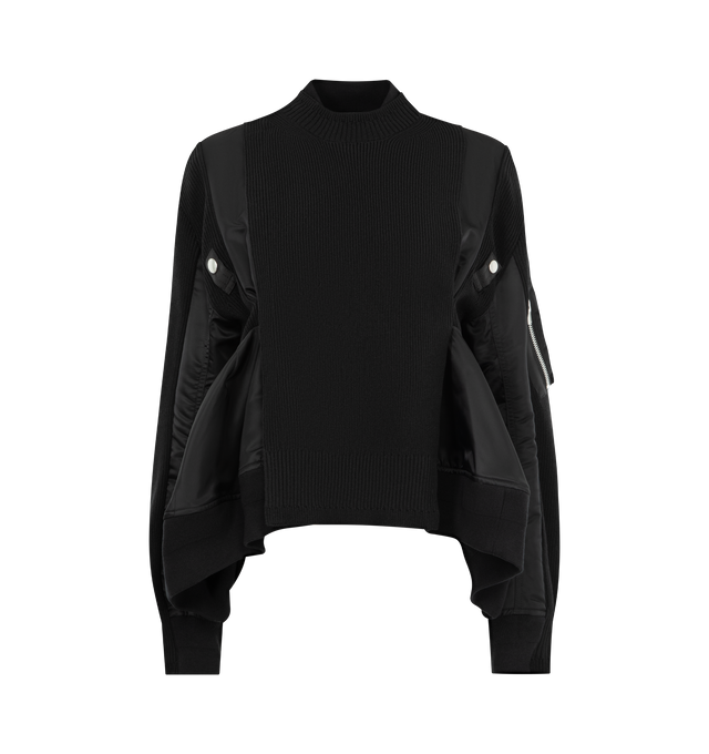 Image 2 of 4 - BLACK - SACAI Nylon Twill x Knit Blouson featuring round neck, long sleeves, stitching details, stretch cuffs and hem. 52% cotton, 46% polyester, 1% nylon, 1% polyurethane.