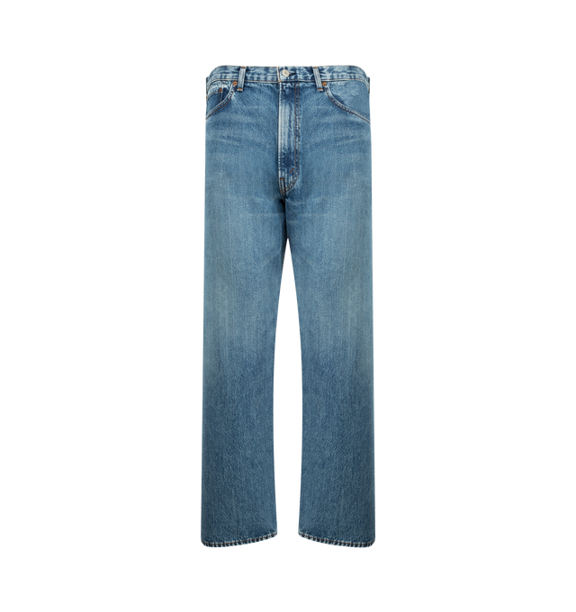 Image 1 of 3 - BLUE - ORSLOW Super Dad's Denim Pants featuring 13.5oz Japanese denim, relaxed and wide fit, one wash, two front pockets with coin pocket, two rear pockets and zipper fly. 100% cotton. Made in Japan.