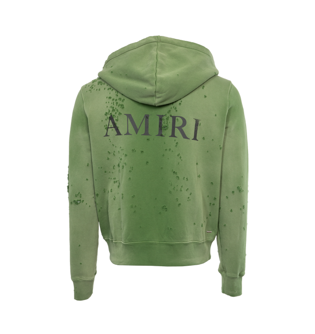 Image 2 of 4 - GREEN - AMIRI MA Logo Shotgun Zip Hoodie featuring double zip front closure, ribbed hem and cuff, distressing throughout and logo on front and back. 100% cotton. 