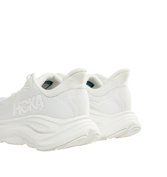 Image 3 of 5 - WHITE - HOKA Clifton 10 Sneaker featuring jacquard knit, reflective upper details, smooth MetaRocker, rearfoot-focused Active Foot Frame, CMEVA midsole, molded EVA sockliner and inherently durable abrasion rubber.