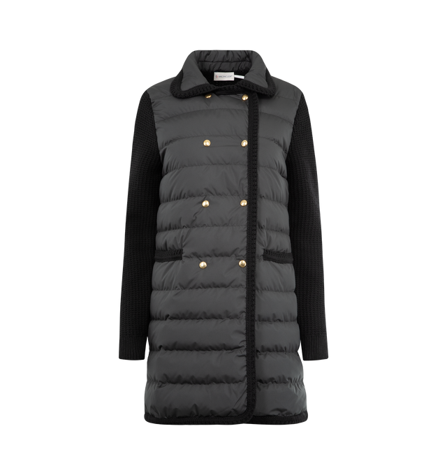Image 1 of 3 - BLACK - MONCLER Wool & Cashmere Padded Cardigan featuring a wool and cashmere blend, down-filled polyester front, knit trim, waffle stitch, gauge 7, snap button closure, welt pockets and leather logo patch. 100% polyester. 90% virgin wool, 10% cashmere. Padding: 90% down, 10% feather. Made in Moldova.