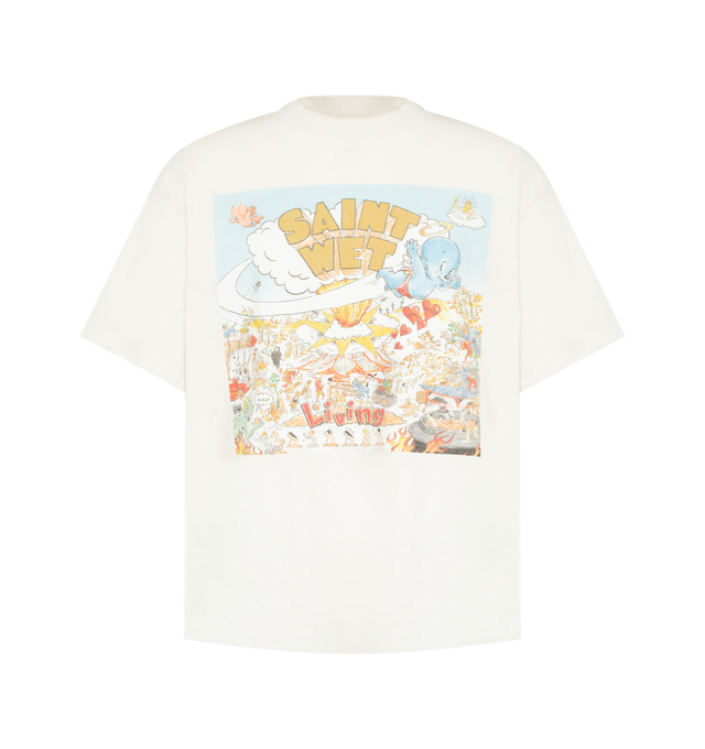 Image 1 of 2 - WHITE - SAINT MICHAEL Saint Wet Printed Cotton-Jersey T-Shirt featuring boxy fit, short sleeves, crew neck and graphic on front. 100% cotton.