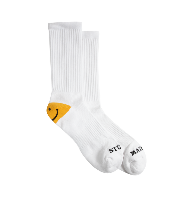 Image 1 of 5 - WHITE - MARKET Smiley Heel Socks featuring a soft and stretchy cotton/spandex blend, comfortable, breathable fit and Smiley graphic on the heel.