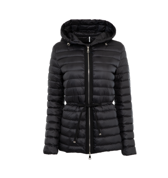 Image 1 of 3 - BLACK - Moncler Raie Short Down Parka is designed in nylon leger with grosgrain trim. It has a front zip closure, welt pockets with zippers, an elasticized belt, a drawstring hood, and a felt logo patch. Lined. 100% polyamide. Fill: 90% down, 10% feather. Made in Romania.