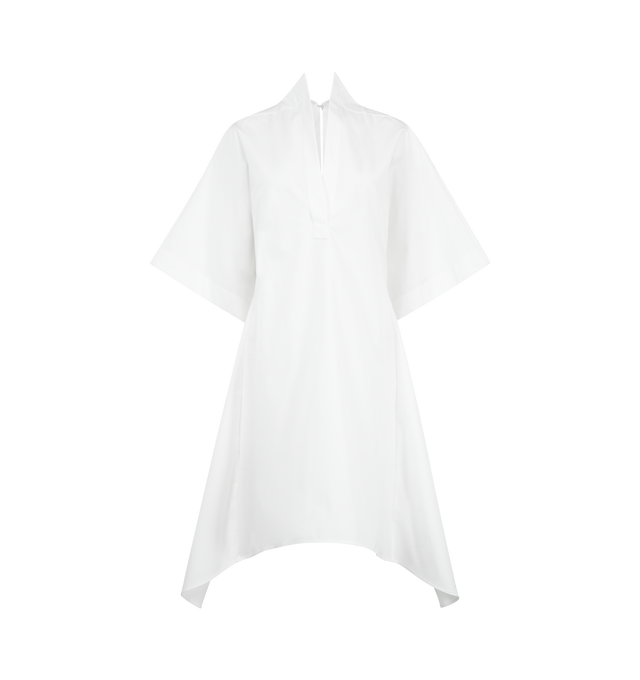 Image 1 of 2 - WHITE - JACQUEMUS The Moisson Tunic featuring an open-back tunic dress, oversized fit, technical cotton poplin, open polo neckline, wide short sleeves, below-the-knee length in the front, button and loop closure on the back and fully open back with draped panels on each side. 100% cotton. Made in Bulgaria.