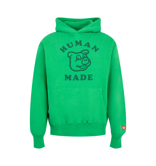 Image 1 of 2 - GREEN - Human Made Unisex Tsuriami Hoodie is crafted from softly knitted loopback cotton using a traditional hanging-knit construction and features the brands signature animal graphic at the front rendered with a dyed-in print technique. A vibrant garment-dyed body, extended rib-knit cuffs and hem, and the signature heart patch at the left cuff complete the design. Main Material: 100% Cotton. Made in Japan.