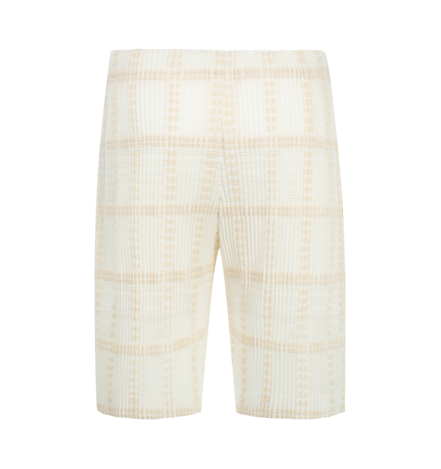 Image 2 of 3 - WHITE - Issey Miyake Men's Lace Grid Pleats Pants are crafted from a lightweight polyester and cotton blend and feature the house's signature pleated construction with a distinctive grid-inspired texture. Designed with an elasticated drawstring waistband for an adjustable fit, these designer pants are finished with a button-fly front and functional side pockets, combining innovative textile design with everyday comfort. Main Material: 75% Polyester, 25% Cotton. Waist: Elasticated with Drawstr