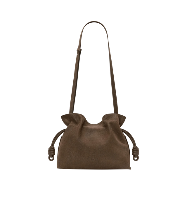 Image 3 of 4 - BROWN - Loewe Medium Flamenco Clutch is crafted from grained nubuck and features the brand's signature soft, slouchy silhouette with a cinched closure and iconic knot drawstrings. Designed for shoulder, crossbody, or hand carry with a detachable and adjustable strap, discreet magnetic closure, nappa lambskin lining, and embossed LOEWE logo. Main Material: Grained Nubuck. Lining: Nappa Lambskin. Dimensions: 30 cm W 24.5 cm H 10.5 cm D. Strap Length: 96-120 cm. Strap Drop: 38-44 cm. Weight: 0