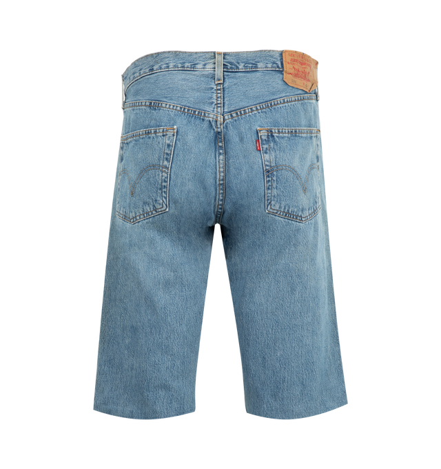 Image 2 of 3 - BLUE - BARRIERS Cowrie Shell Denim Shorts featuring upcycled 501 Levis, distressed throughout, five-pocket styling and hand embellished. 100% cotton. Made in USA.