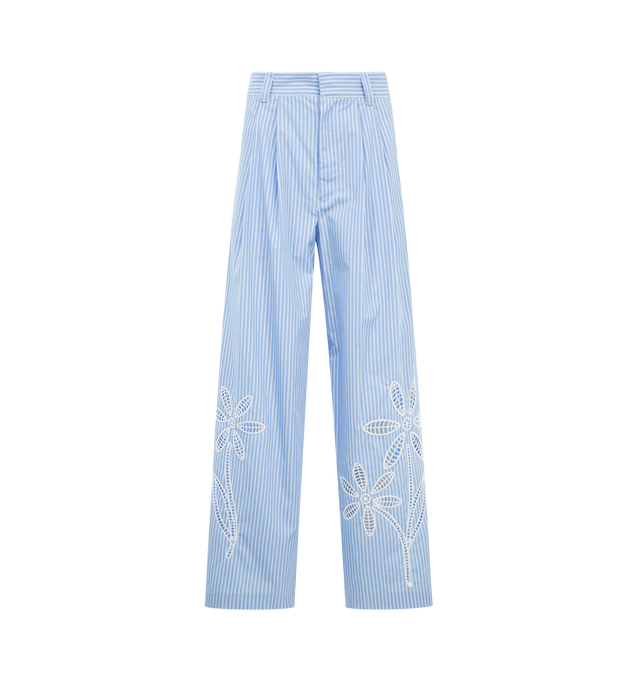 Image 1 of 3 - BLUE - MIRA MIKATI Flower Broderie Trouser featuring stripes throughout, relaxed fit, belt loops at waist, button zip fly, pleats at front and flower broderie. 100% cotton.