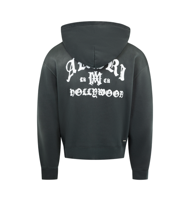 Image 2 of 2 - BLACK - AMIRI Hollywood Logo Hoodie featuring a washed effect, embroidered MA logo on the chest and an Amiri Hollywood patch letter logo on the back, hooded, long sleeves, kangaroo pocket and ribbed hem and cuffs. 100% cotton. Made in Italy.