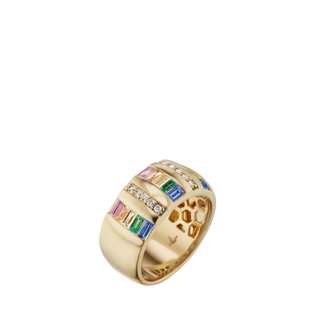 Image 2 of 2 - GOLD - SORELLINA Tarot Baguette Ring featuring 18K yellow gold band with 0.08 cttw G-H/SI diamonds and 1.10 ctw rainbow baguette sapphires. The band is 7.5 mm wide.