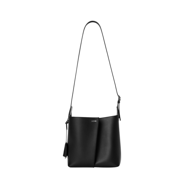 Image 3 of 5 - BLACK - LOEWE Medium Bilbao Bucket Bag in smooth calfskin featuring a trapeze shape bucket bag with a minimalist and graphic design, shoulder or crossbody carry, adjustable strap, detachable double L-embossed leather bell with concealed functional bottle opener, additional external d-ring for personalisation, hook closure to secure belongings, suede lining and embossed LOEWE. Smooth calf. 24 cm x 13 cm x 25 cm. Made in Spain.