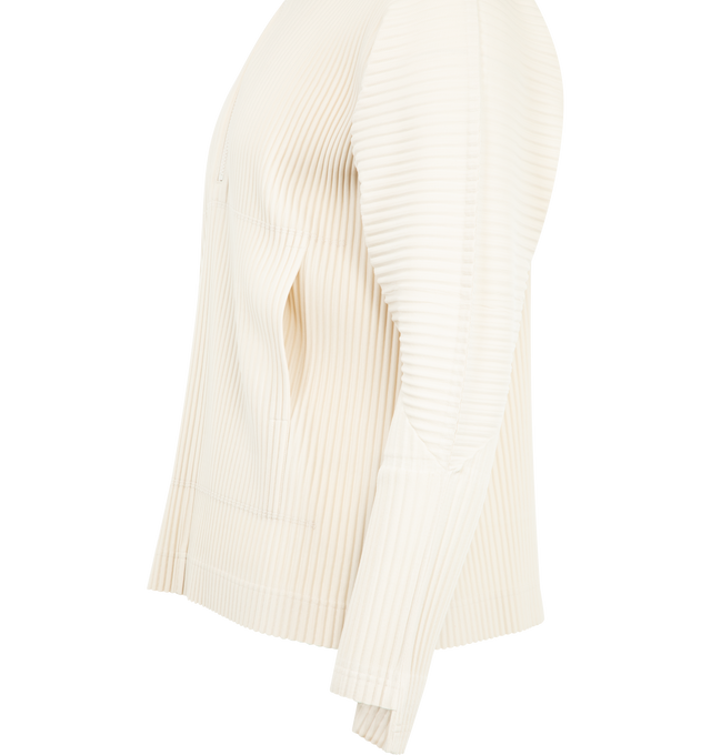 Image 3 of 3 - WHITE - ISSEY MIYAKE March Polo featuring pleated half zip top, high neckline, long sleeves with thumbhole cuffs and a front patch pocket. 100% polyester.