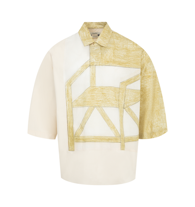 Image 1 of 2 - WHITE - LEMAIRE Polo Shirt featuring graphic printed throughout, spread collar, single-button placket, shirttail hem, dropped shoulders and box pleat at back yoke. 100% cotton. Made in Portugal.