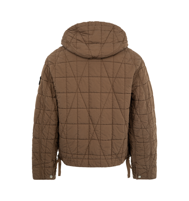 Image 2 of 3 - BROWN - STONE ISLAND Quilted Short Parka featuring padded hood, angled patch hand pockets with snap closure, Stone Island badge at the left sleeve, adjustable cuffs with snap, side tape adjusters at hem and two-way zip fastening. Organic cotton and recycled nylon.