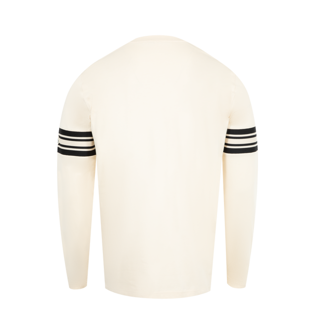 Image 2 of 3 - WHITE - MONCLER Logo Patch T-Shirt featuring crewneck, long sleeves, stripes on sleeve and logo patch on chest. 100% cotton.