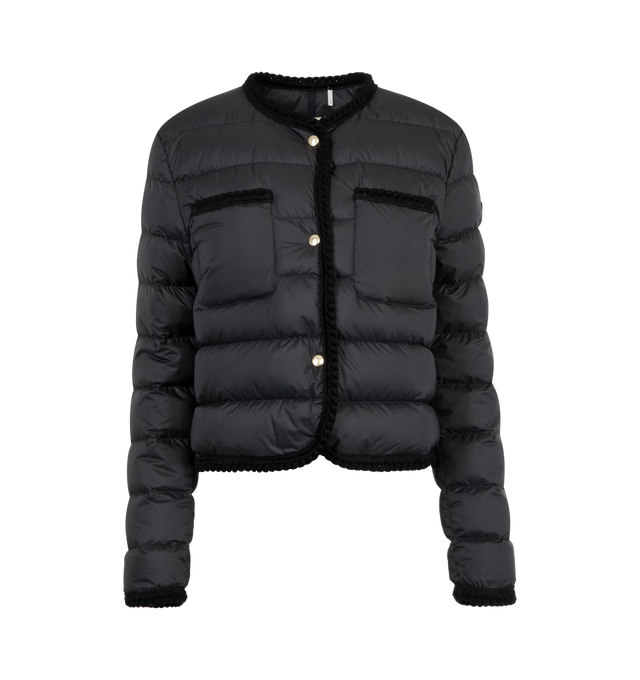 Image 1 of 3 - BLACK - Moncler Gencay Down Jacket has a jewel neck, a front snap closure, chest patch pockets, braided trim, and channel quilting. Lined. 90% down, 10% feather fill. 100% polyester exterior. Made in Romania.