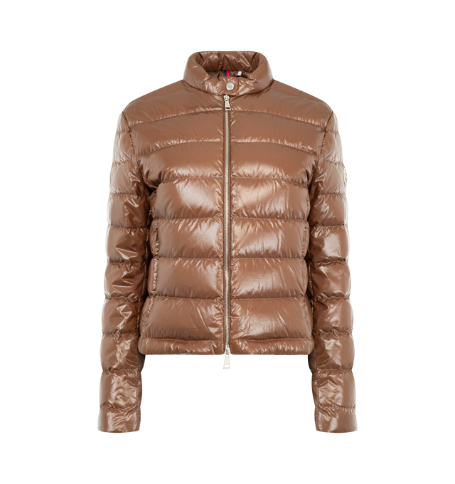 Image 1 of 3 - BROWN - MONCLER Papillon Short Down Jacket featuring longue saison lining, down-filled, zipper closure and welt pockets. 100% polyamide/nylon. Padding: 90% down, 10% feather.