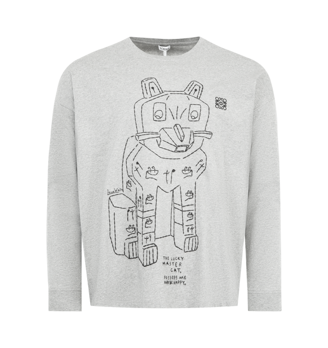 Image 1 of 2 - GREY - LOEWE Long Sleeve T-shirt in lightweight cotton featuring a Lucky Cat embroidery at the front, relaxed fit, regular length, crew neck, ribbed collar and anagram embroidery placed on the chest. Cotton. Made in Portugal.