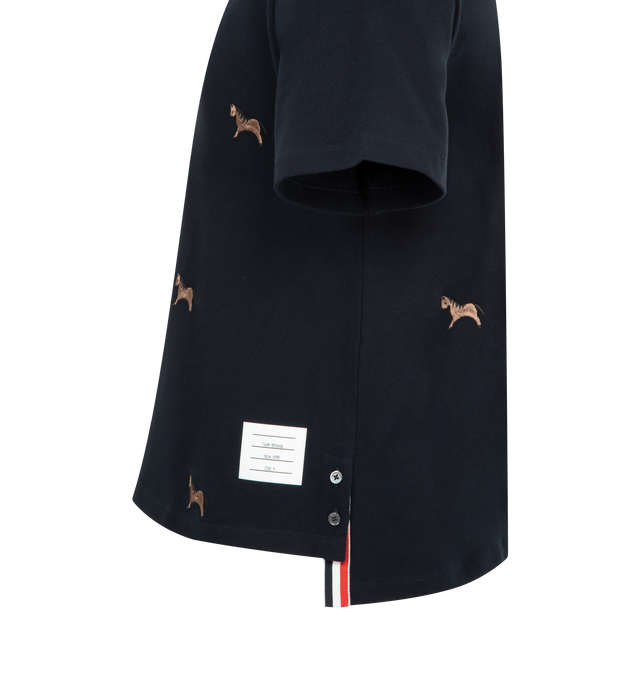 Image 3 of 3 - NAVY - THOM BROWNE Lunar New Year Pique Horse Embroidery Polo featuring partial front button closure, ribbed collar, buttoned side vents with RWB grosgrain trim, stepped hem, allover horse embroidery, name tag appliqu and signature striped grosgrain loop tab. 100% cotton. Made in Italy.
