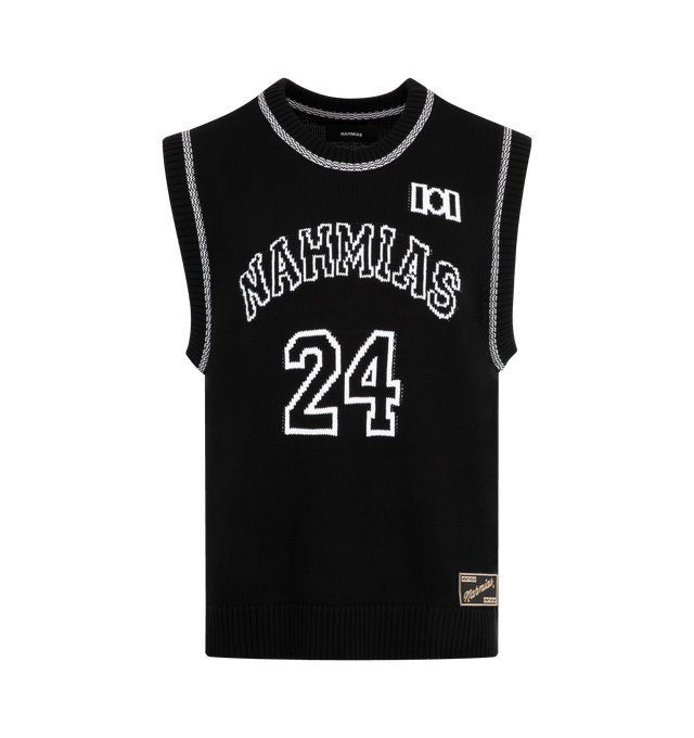 Image 1 of 2 - BLACK - NAHMIAS Knit 24 Basketball Jersey featuring knitwear vest, a classic basketball jersey design, a relaxed fit, crewneck, short sleeves and pulls over. 100% cotton.