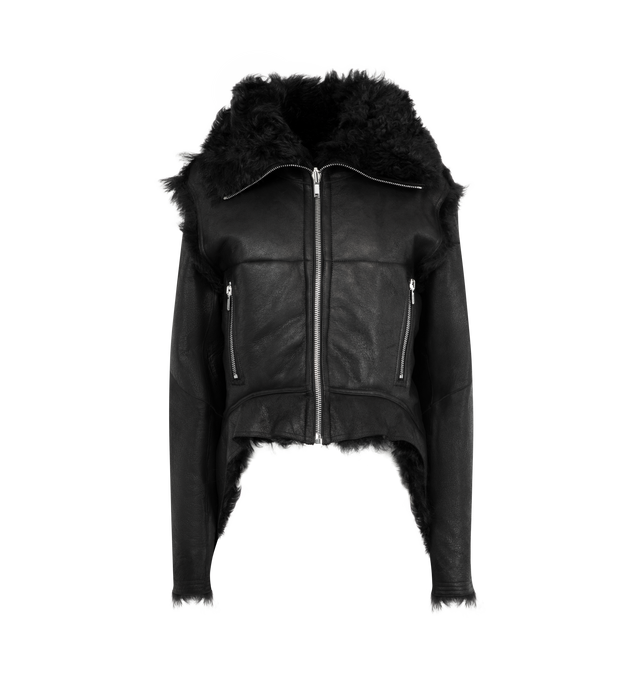 Image 1 of 3 - BLACK - RICK OWENS Exploder Jacket featuring used-effect worked leather, shearling lining, adjustable high collar as a collar on the shoulders, front zip closure, pockets, long sleeves with zip on the cuffs and asymmetrical hem. 87% wool 10% nylon 3% elastane. Made in Moldova.