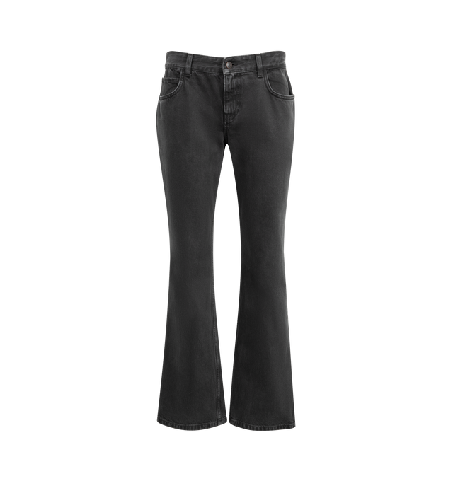 Image 1 of 3 - BLACK - THE ROW Lyndsey Dark Wash Jeans featuring five pockets, zip fly, belt loops, low rise, regular fit and flared leg. 100% cotton. Made in Italy.